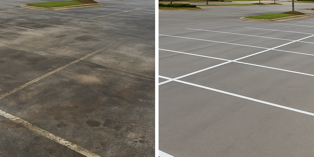 Before and after power washing parking lot cleaning